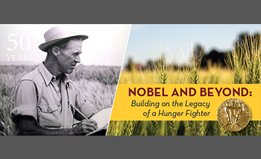 man in a field with text "Nobel and Beyond: Building on the Legacy of a Hunger Fighter"