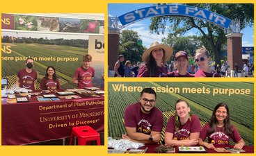 three pictures of students working state fair booth: Andrew, Nisha, Isaac, Becca, Rae, Molly, Jose, and Sita
