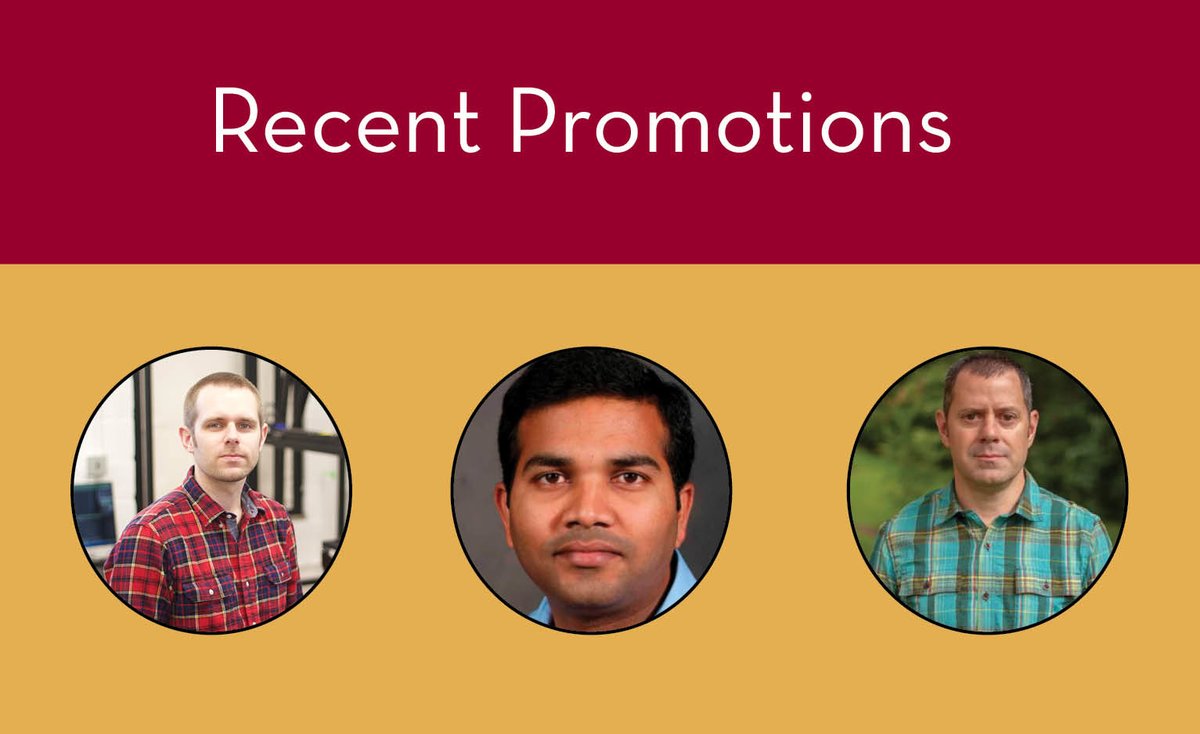 Maroon and gold background with heading "Recent Promotions," photos below of Cory Hirsch, Ashok Chanda and Pablo Olivera