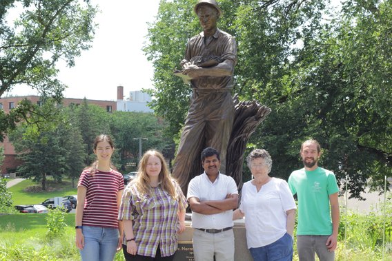 Ranjan Lab members Grace, Kay, Ashish, Grace, and Nick stand in front of the Norman Borlaug statue outdoors on the St Paul campus