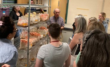 bob shares pink and yellow mushrooms with a group of students